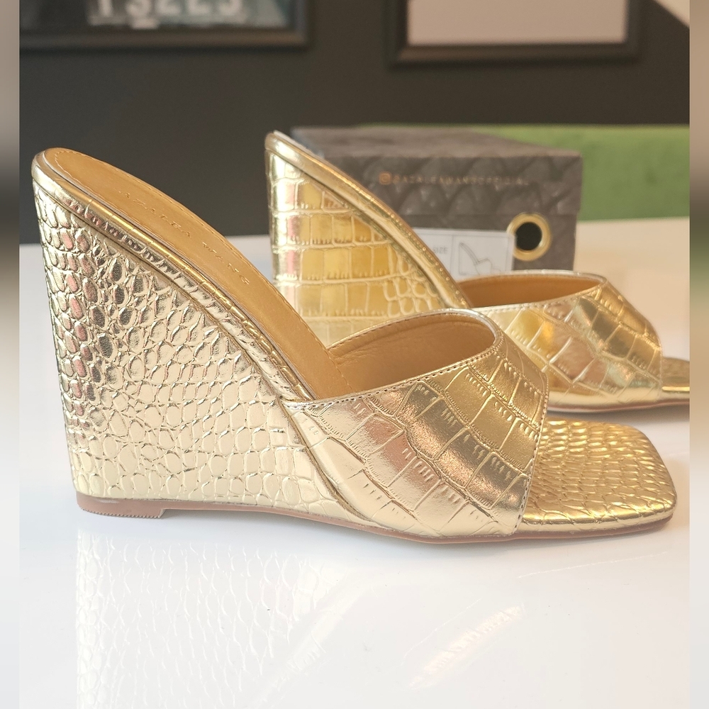 Azalea Wang Gold Snake Print Wedges